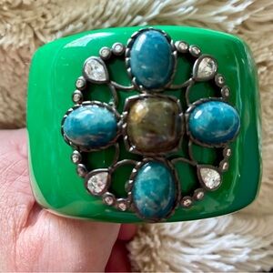 Green Resin Cuff Bracelet with Blue Stone Medallion